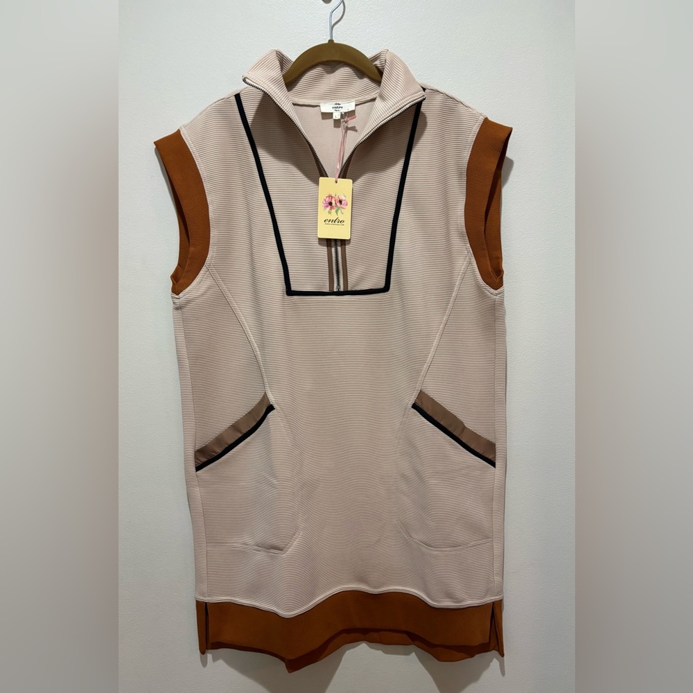 Entro Ribbed Colorblock Quarter Zip Dress Taupe Sporty Chic Stretch NWT Womens L